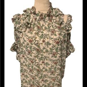 Max Studio Floral Cold Shoulder Ruffle Top M Cream Floral Lined